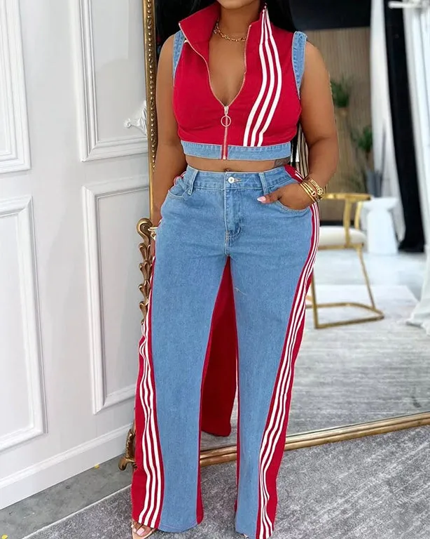 Denim Contrast Sleeveless Wide-Leg Pants 2-Piece Set