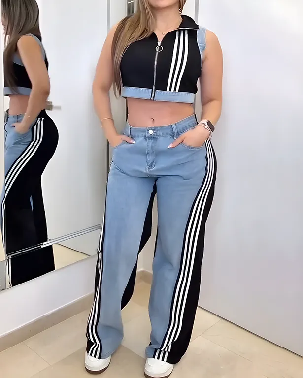 Denim Contrast Sleeveless Wide-Leg Pants 2-Piece Set