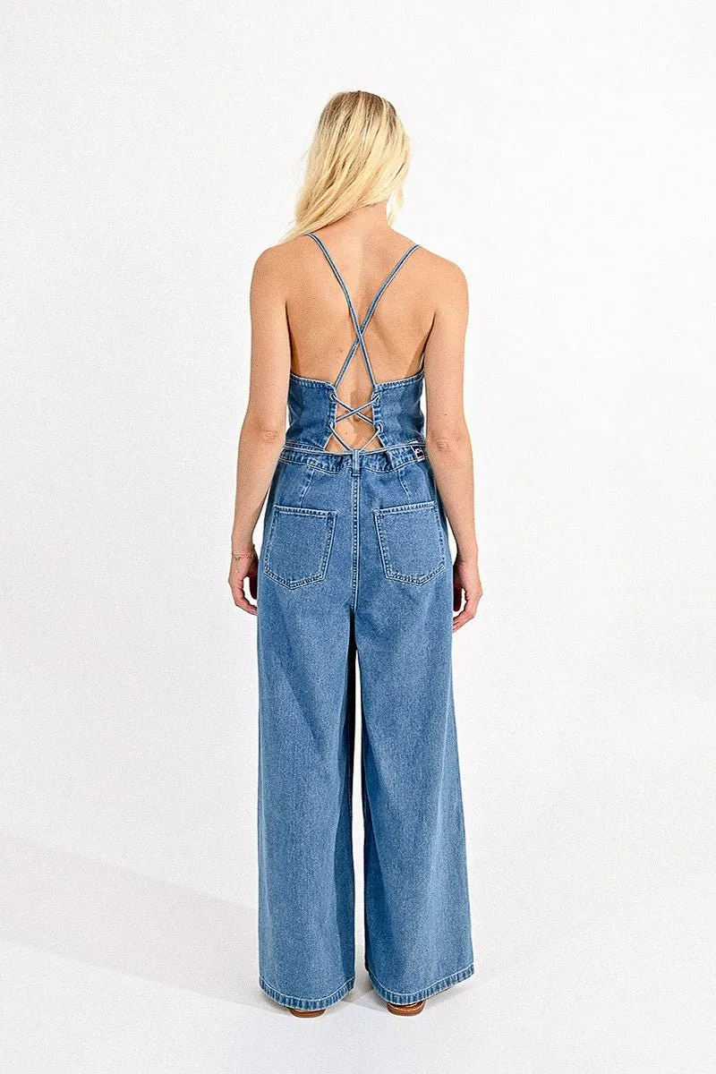 DENIM JUMPSUIT WITH LACE-UP BACK