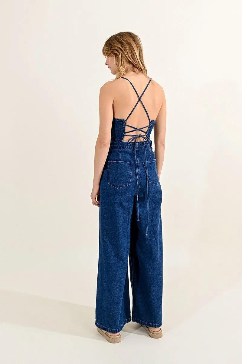 DENIM JUMPSUIT WITH LACE-UP BACK