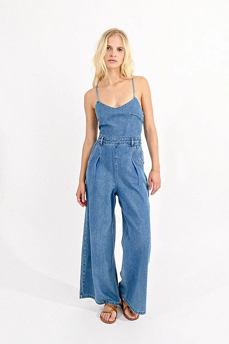 DENIM JUMPSUIT WITH LACE-UP BACK