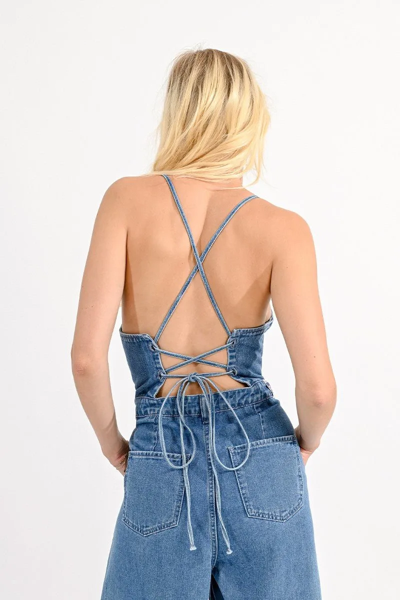 DENIM JUMPSUIT WITH LACE-UP BACK