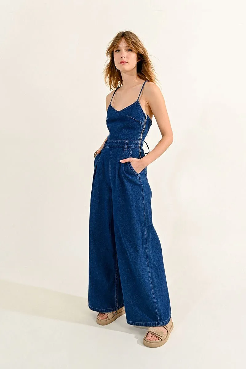 DENIM JUMPSUIT WITH LACE-UP BACK