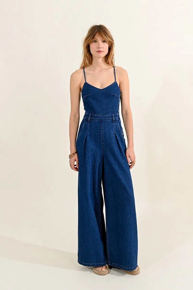 DENIM JUMPSUIT WITH LACE-UP BACK