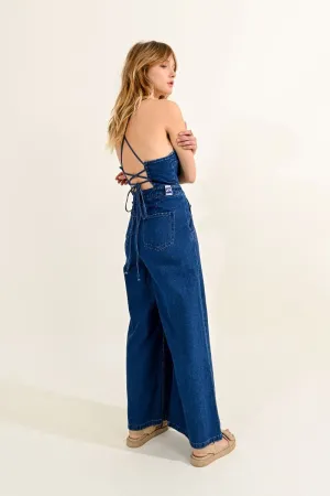 DENIM JUMPSUIT WITH LACE-UP BACK