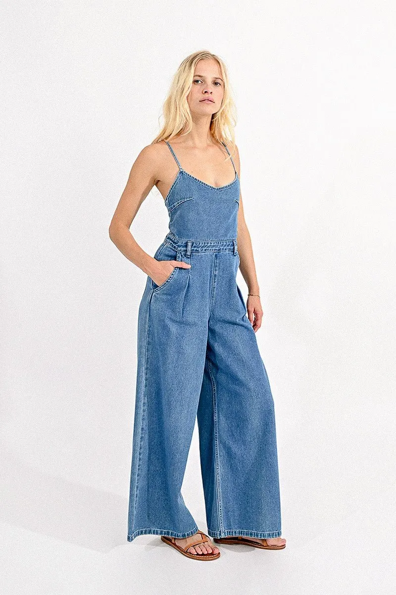 DENIM JUMPSUIT WITH LACE-UP BACK