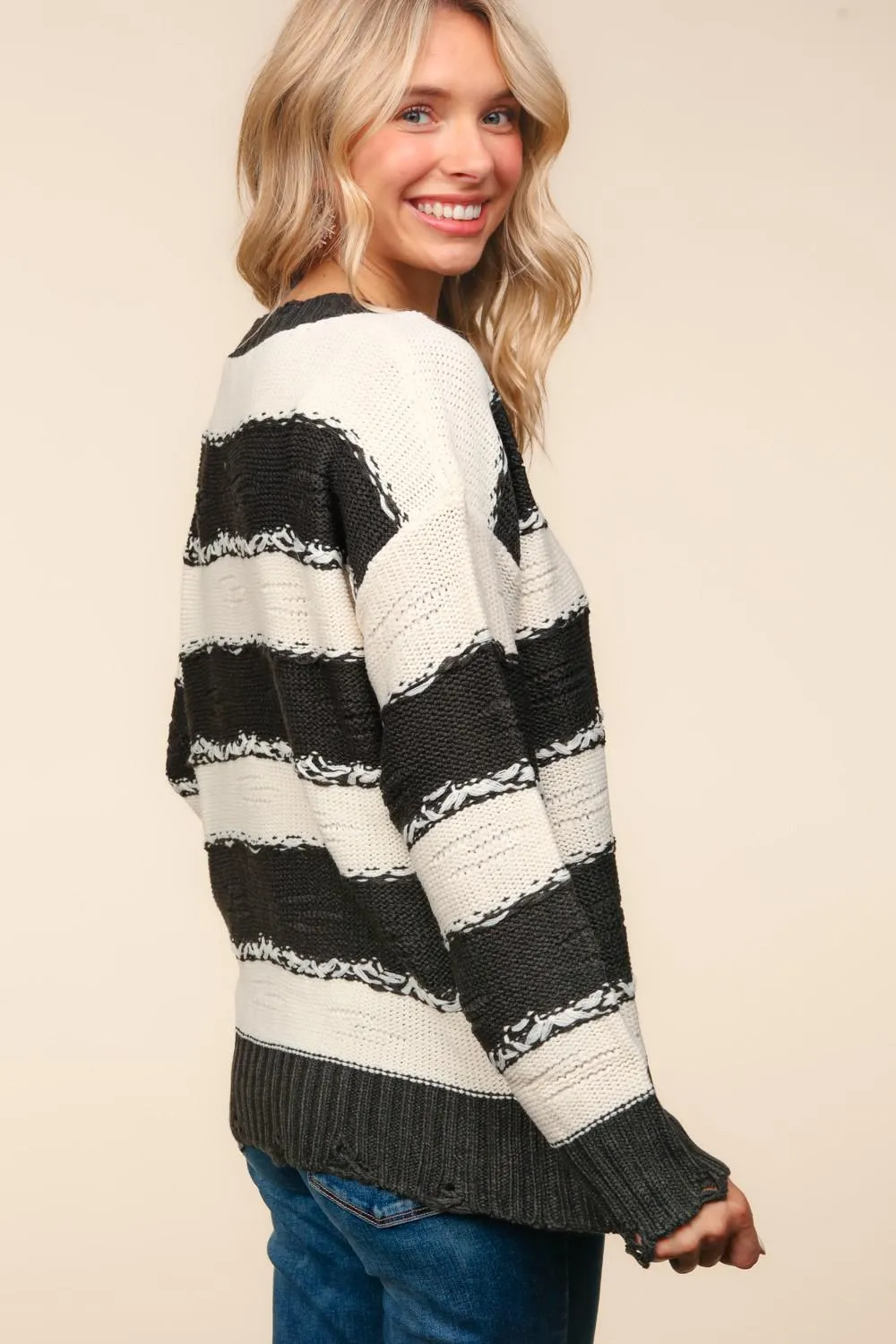 Distressed Stripe Oversized Knit Sweater