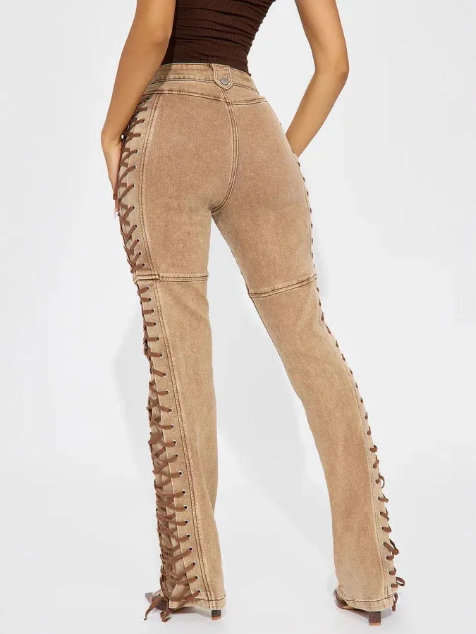 Edgy Lace-Up Side Detail High-Waisted Denim Pants