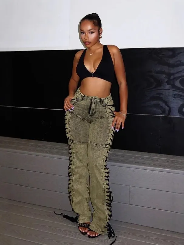 Edgy Lace-Up Side Detail High-Waisted Denim Pants