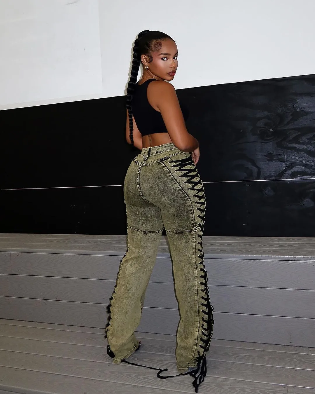Edgy Lace-Up Side Detail High-Waisted Denim Pants