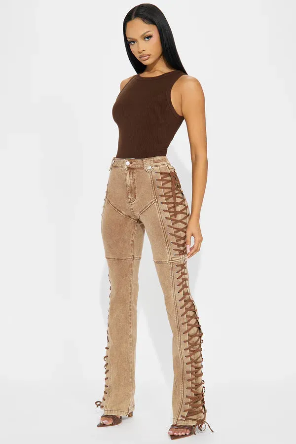 Edgy Lace-Up Side Detail High-Waisted Denim Pants