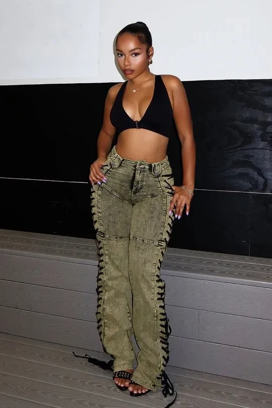 Edgy Lace-Up Side Detail High-Waisted Denim Pants