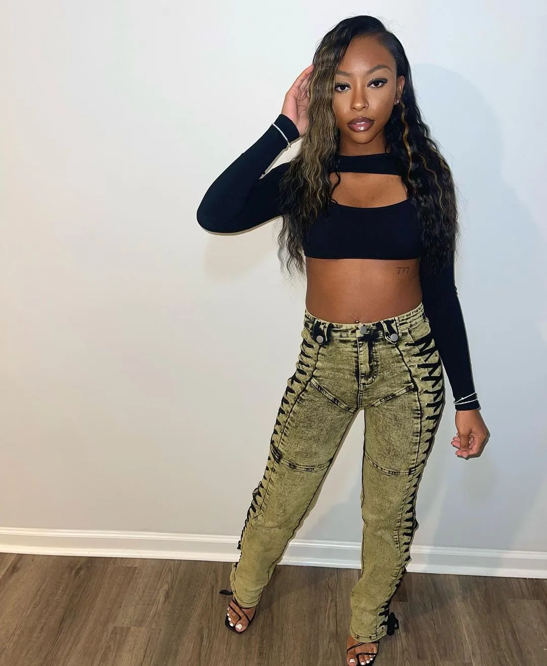 Edgy Lace-Up Side Detail High-Waisted Denim Pants