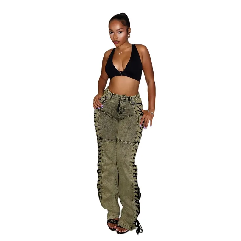 Edgy Lace-Up Side Detail High-Waisted Denim Pants