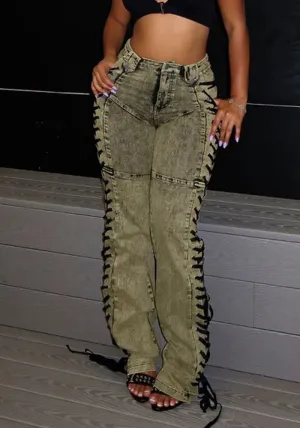Edgy Lace-Up Side Detail High-Waisted Denim Pants