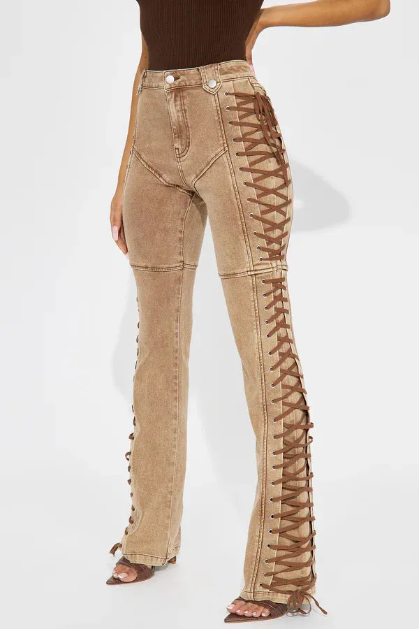 Edgy Lace-Up Side Detail High-Waisted Denim Pants