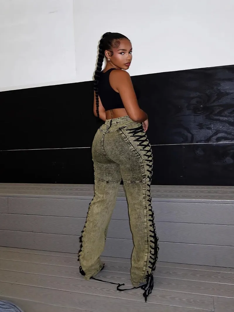Edgy Lace-Up Side Detail High-Waisted Denim Pants