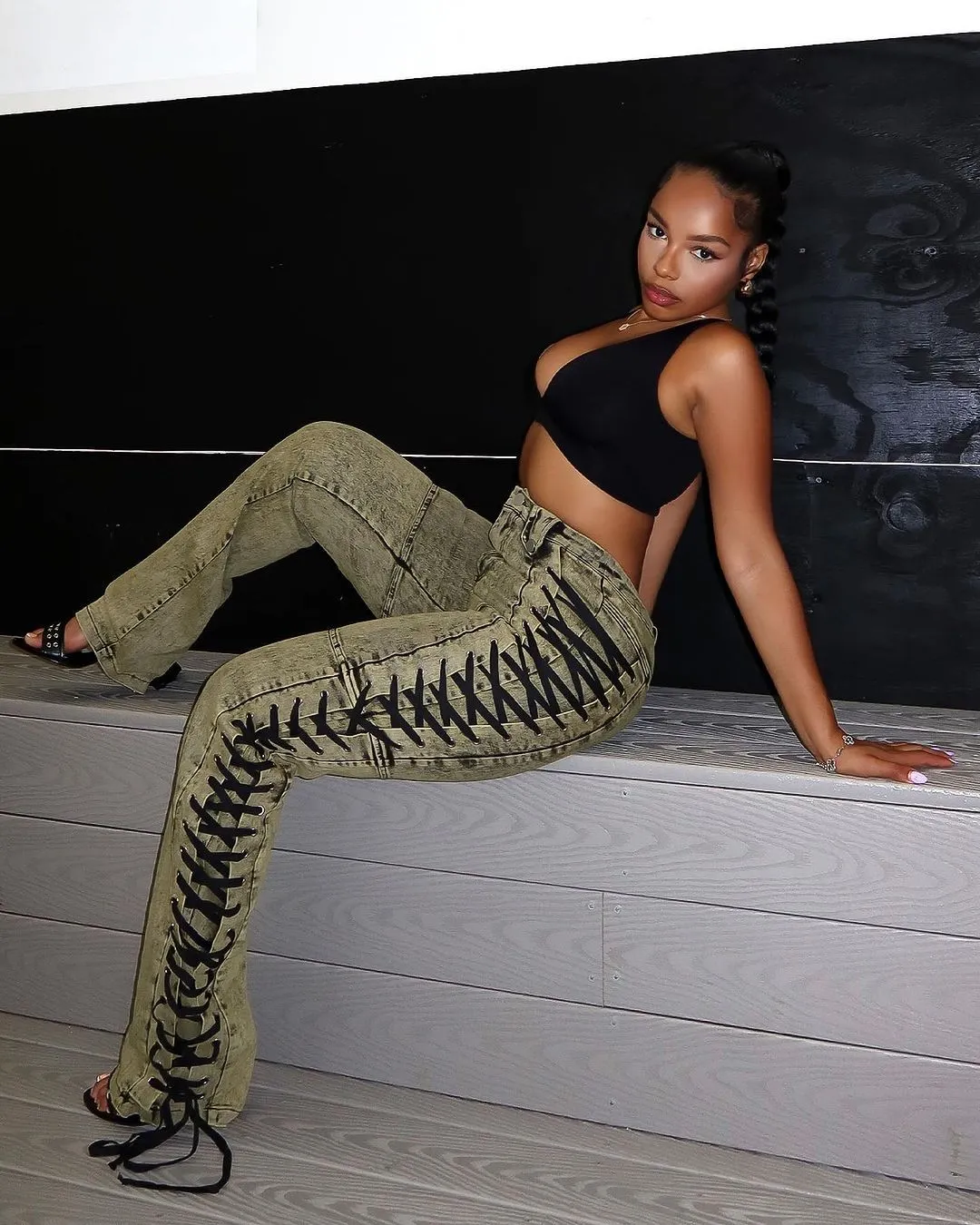 Edgy Lace-Up Side Detail High-Waisted Denim Pants