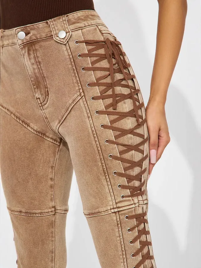 Edgy Lace-Up Side Detail High-Waisted Denim Pants