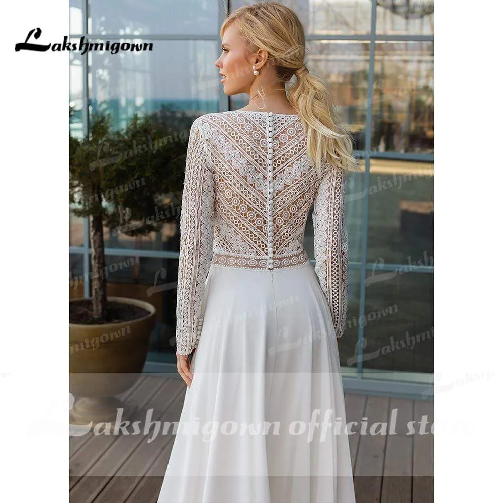 Elegant Long Sleeve V Neck Lace Chiffon Wedding Dresses With Back Buttons Sexy vestidos de novia bohemio verano 2021 Lakshmigown