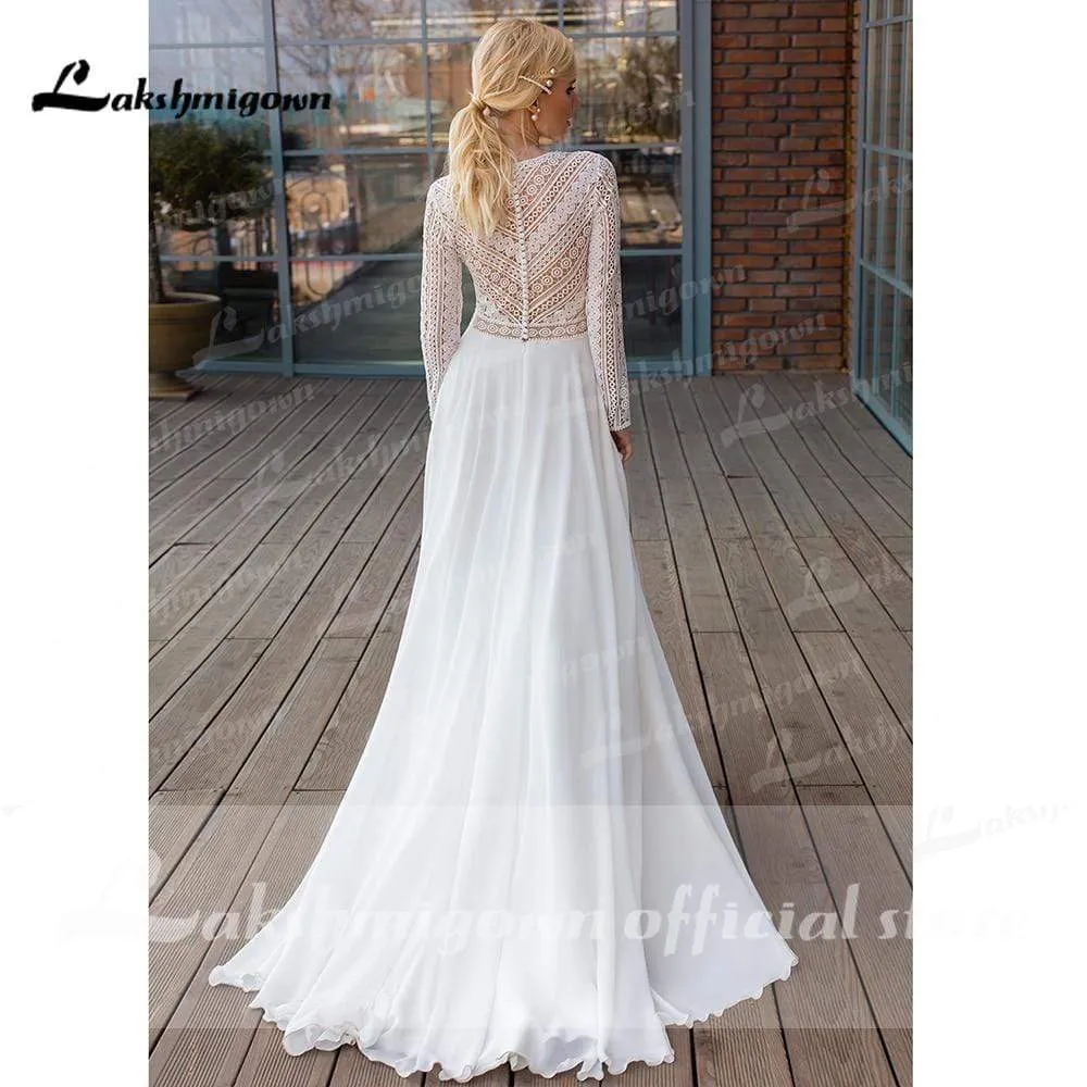 Elegant Long Sleeve V Neck Lace Chiffon Wedding Dresses With Back Buttons Sexy vestidos de novia bohemio verano 2021 Lakshmigown