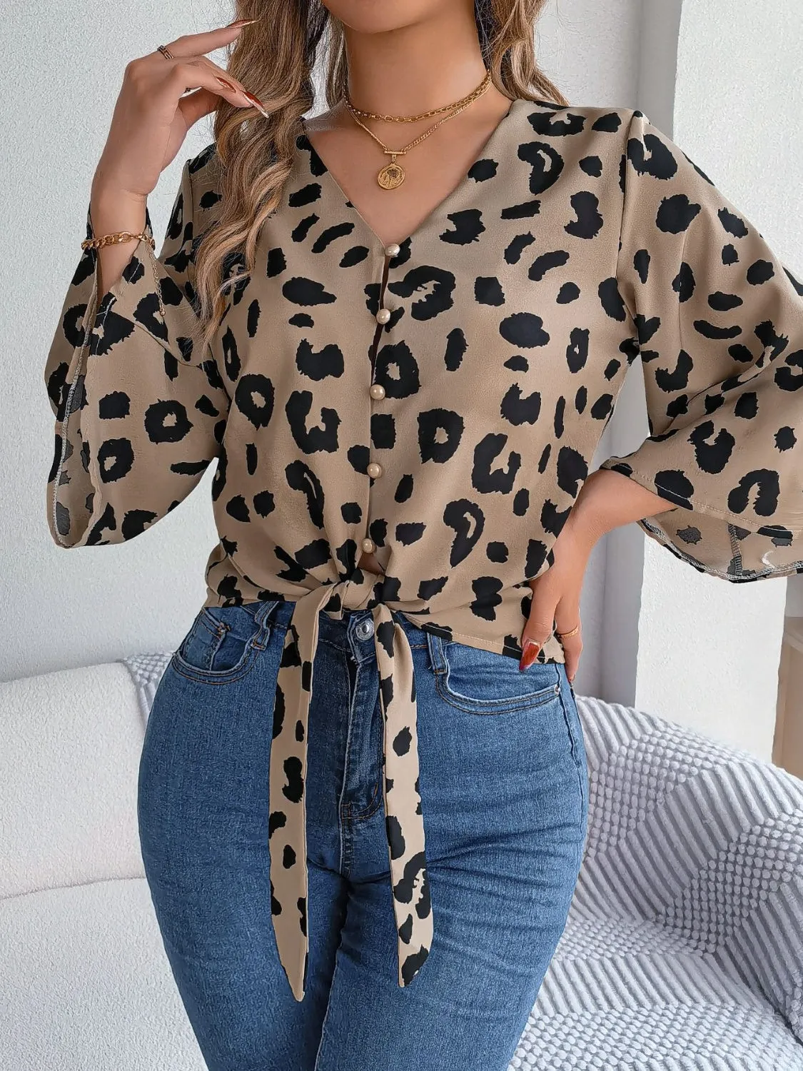 Elena - Stylish Ladies Blouse Leopard Button.
