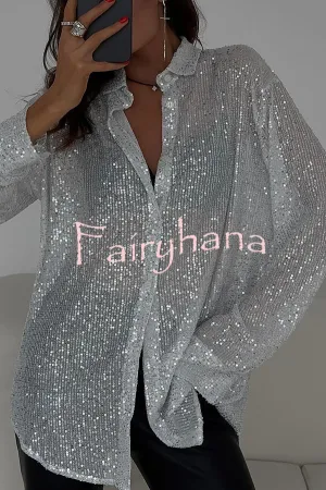 Fashion Sequin Lapel Long Sleeve Loose Shirt