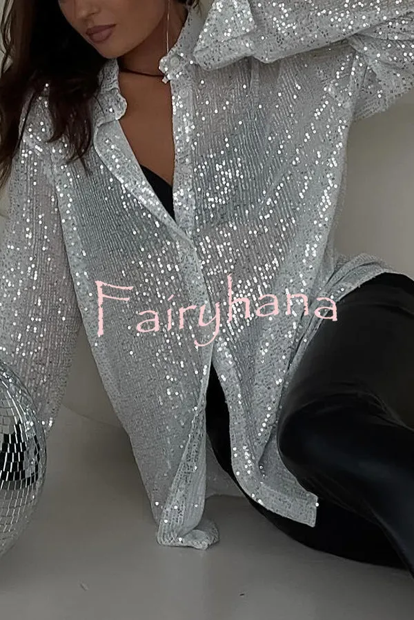 Fashion Sequin Lapel Long Sleeve Loose Shirt