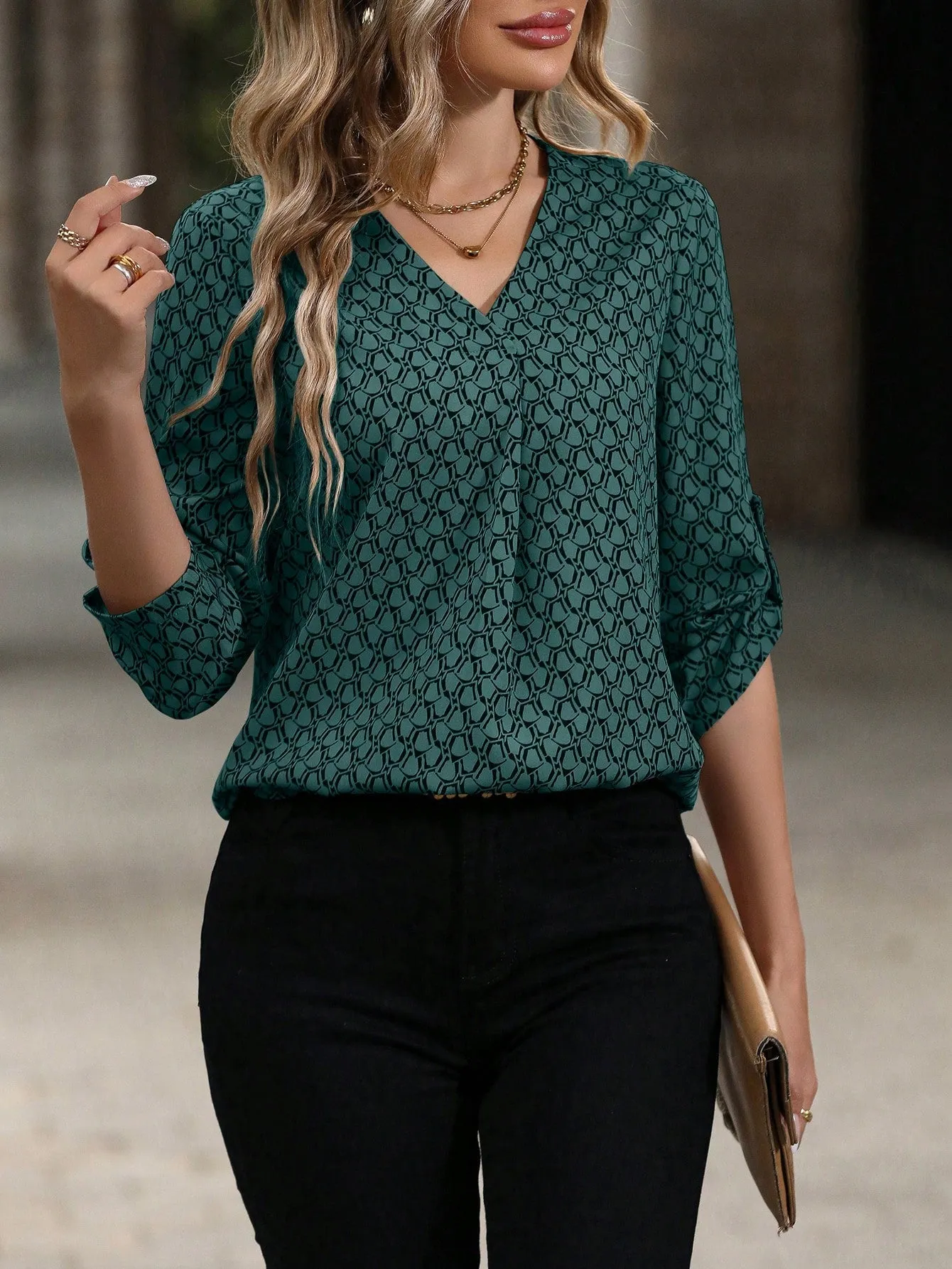 Feather Print Roll Tab Sleeve Blouse