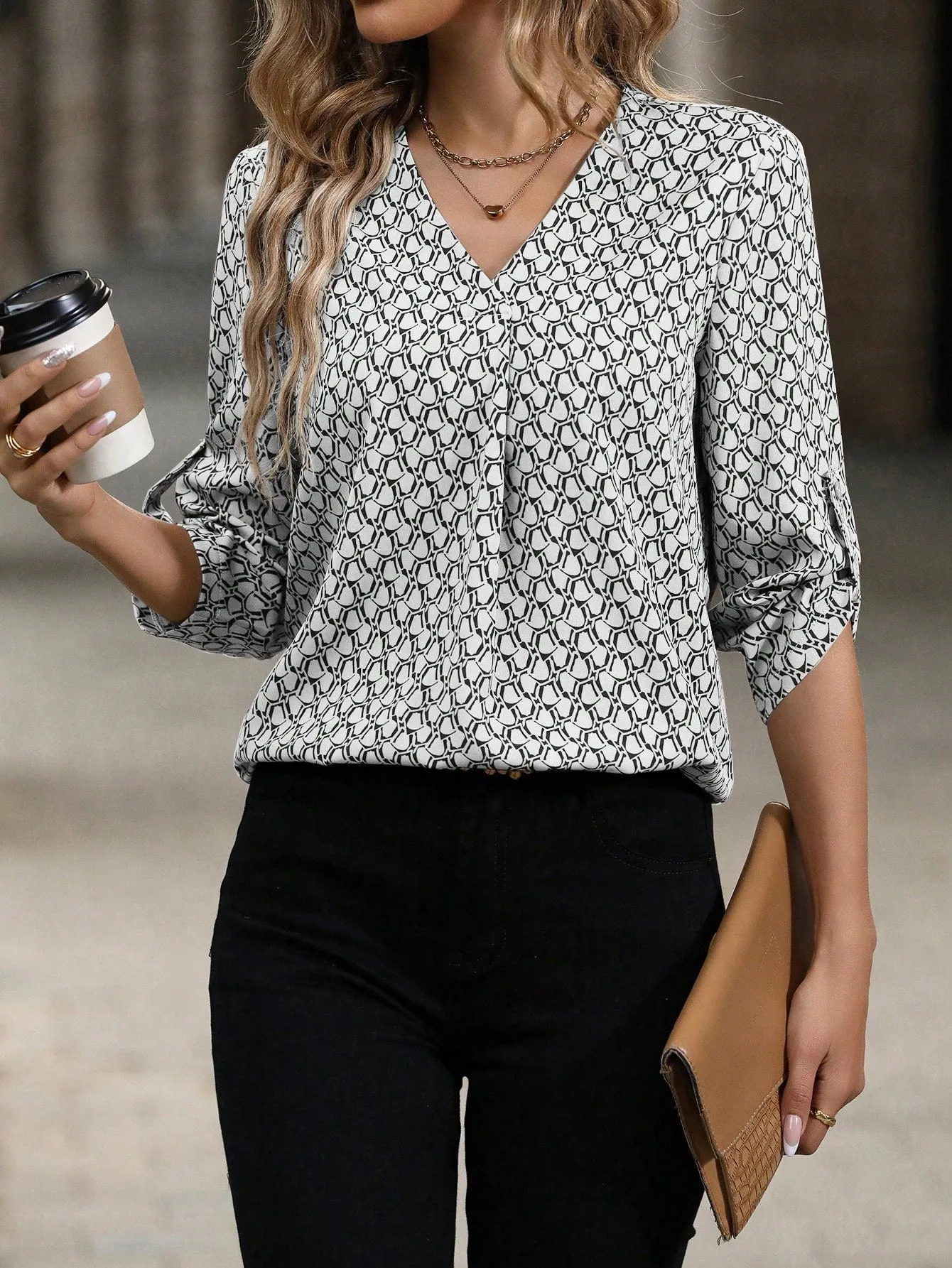 Feather Print Roll Tab Sleeve Blouse