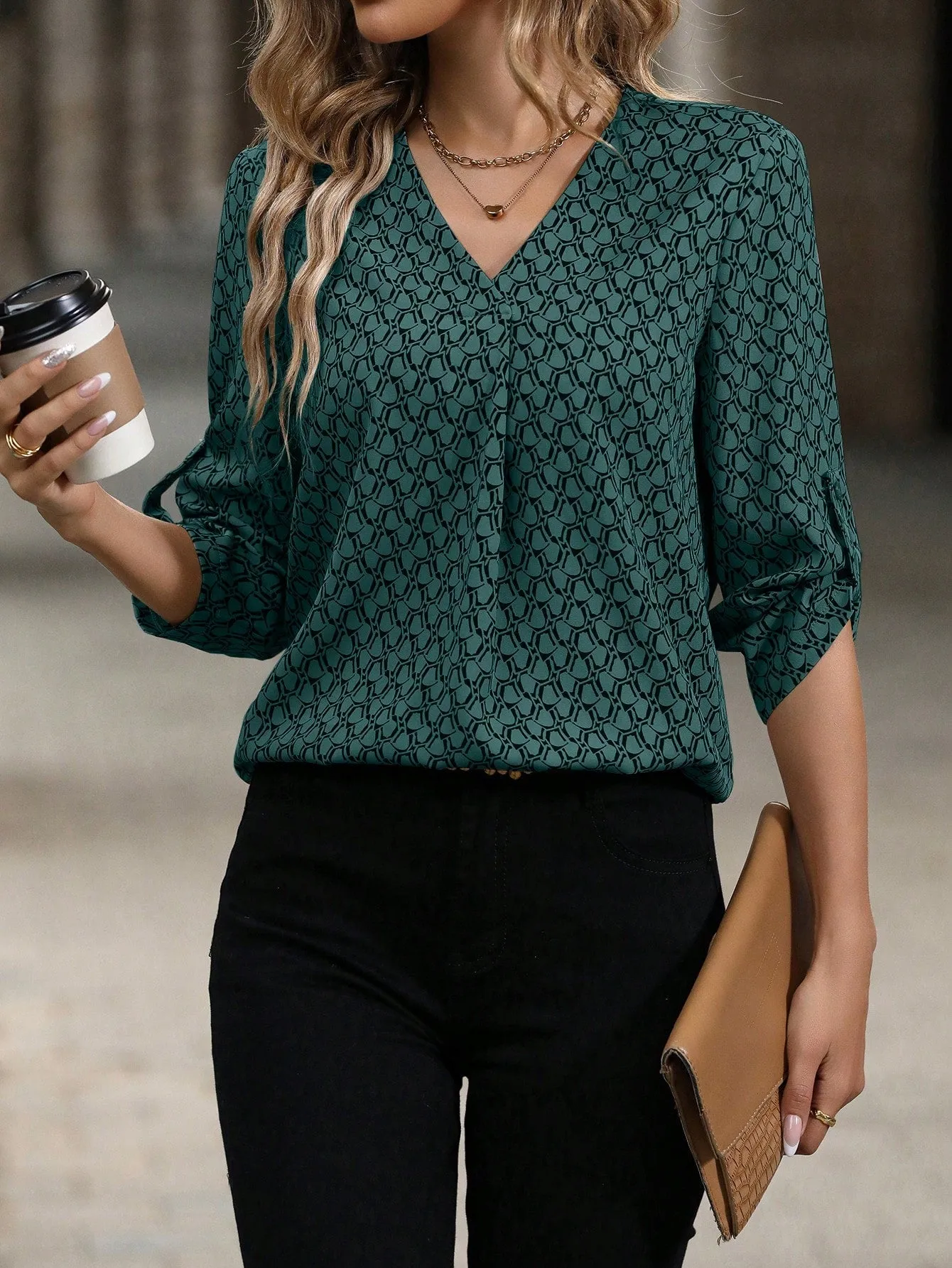 Feather Print Roll Tab Sleeve Blouse