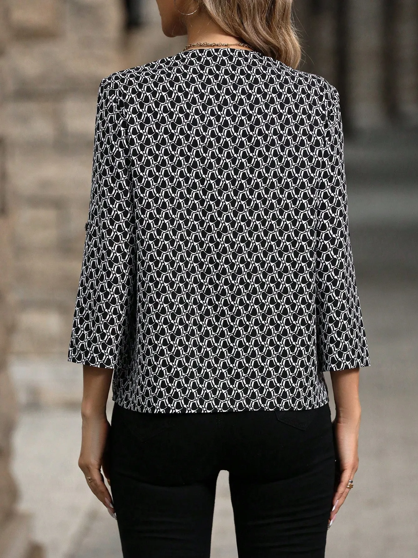 Feather Print Roll Tab Sleeve Blouse