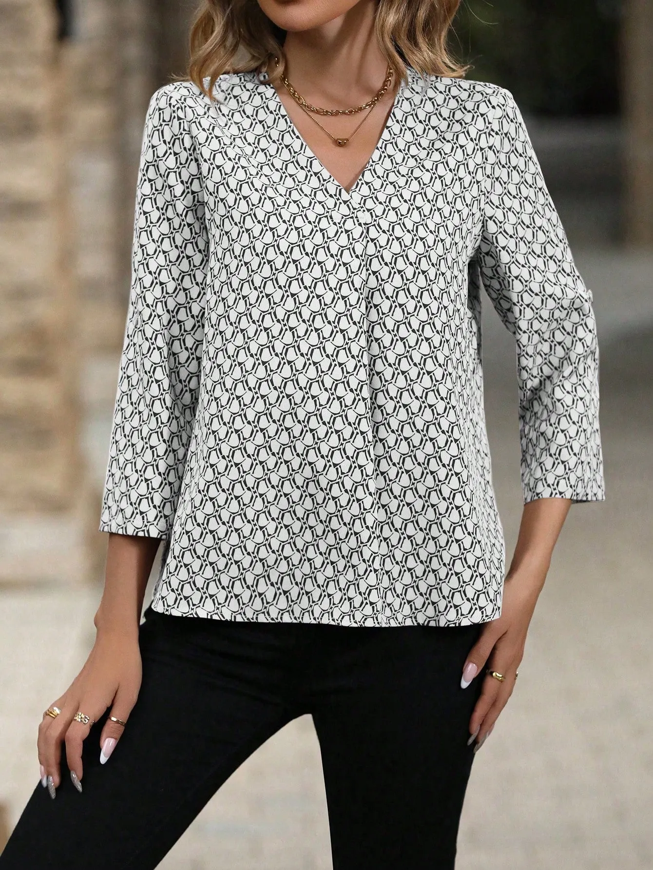 Feather Print Roll Tab Sleeve Blouse