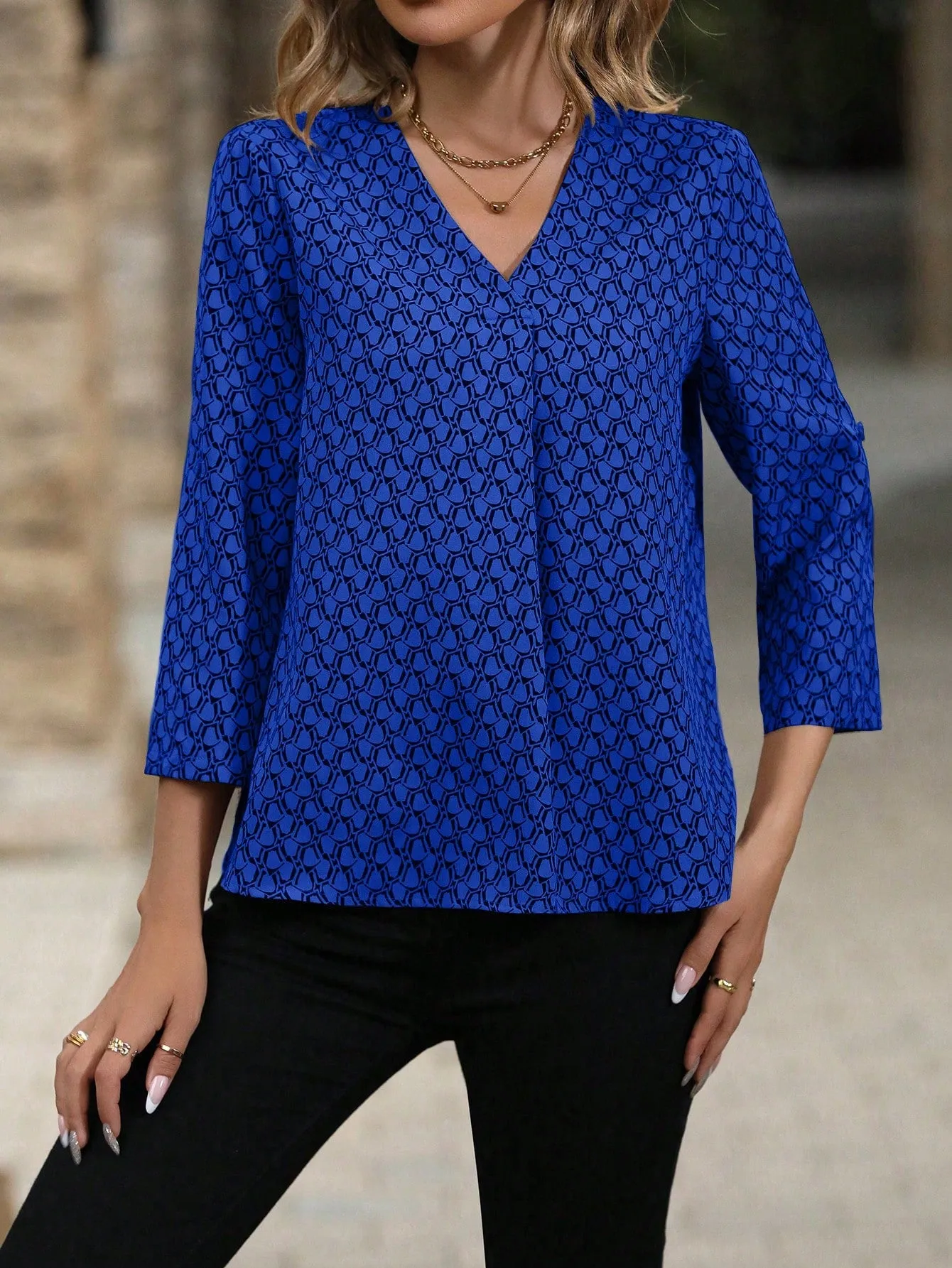Feather Print Roll Tab Sleeve Blouse