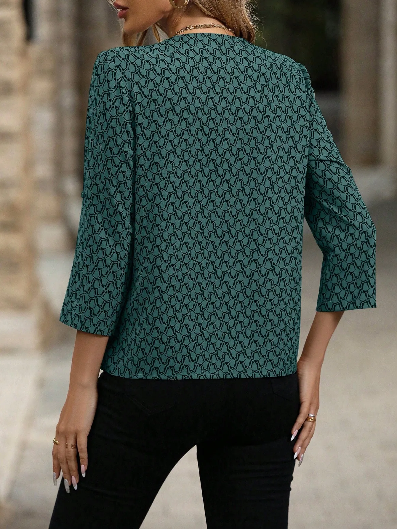 Feather Print Roll Tab Sleeve Blouse