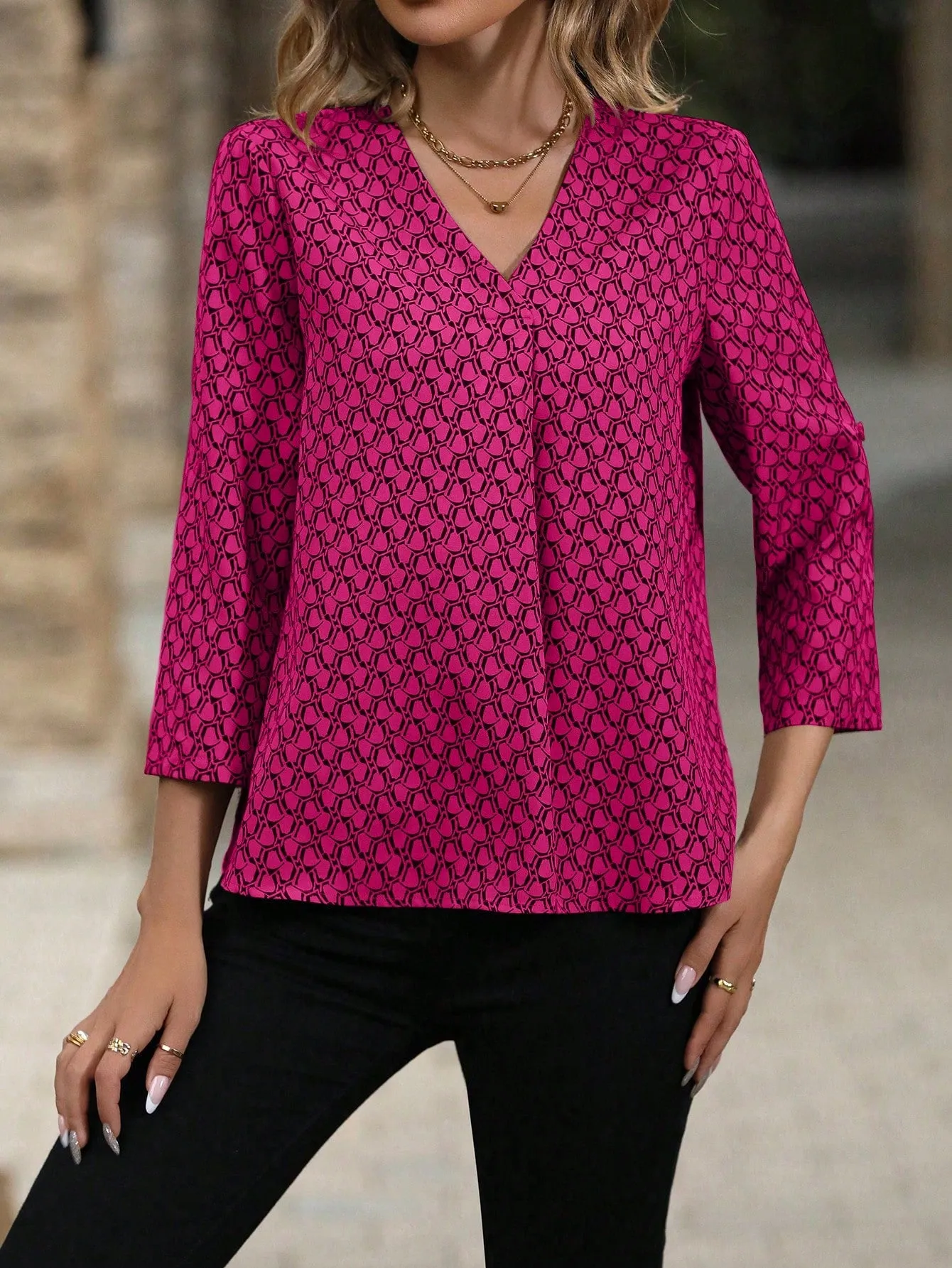 Feather Print Roll Tab Sleeve Blouse