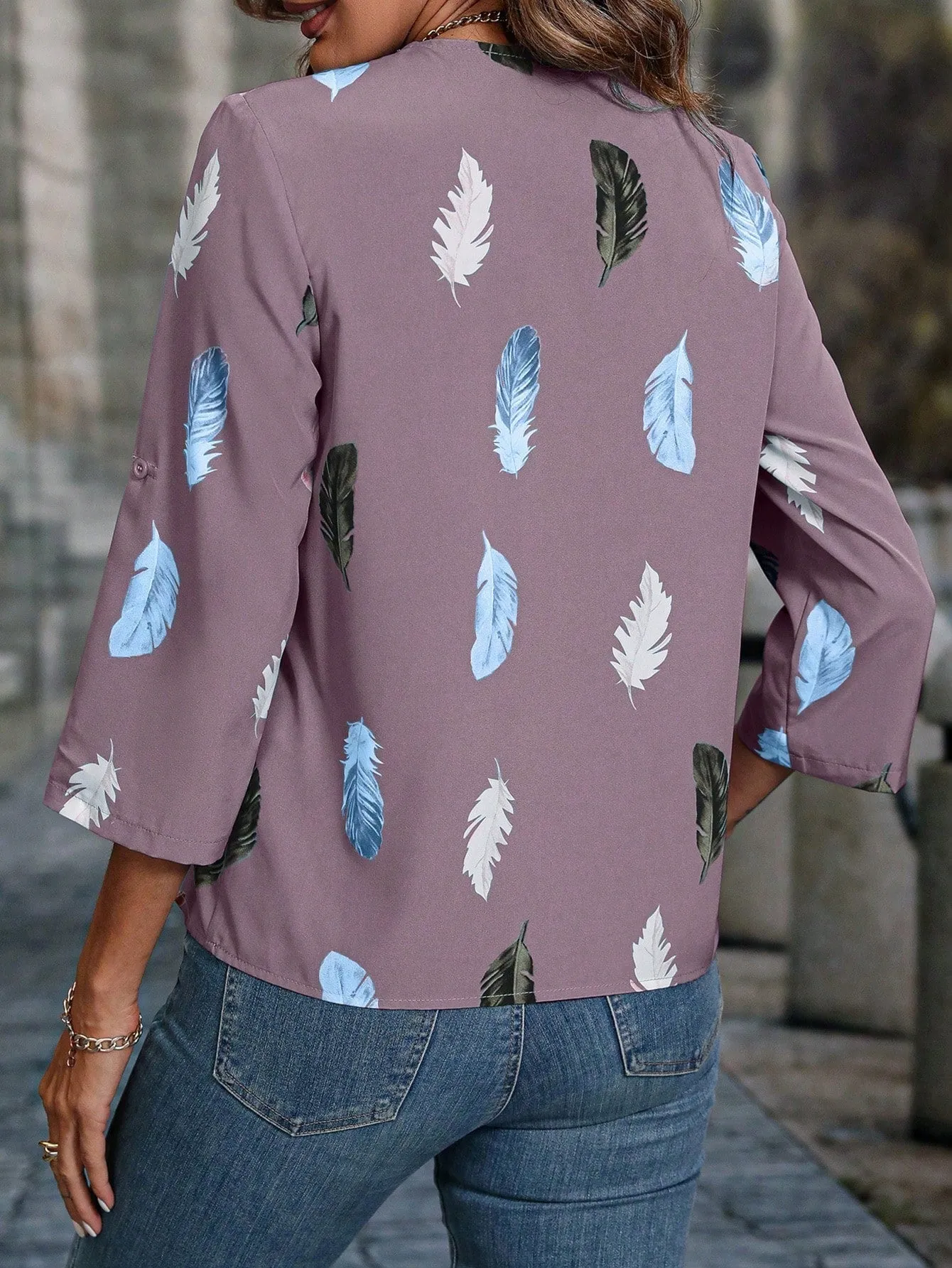 Feather Print Roll Tab Sleeve Blouse