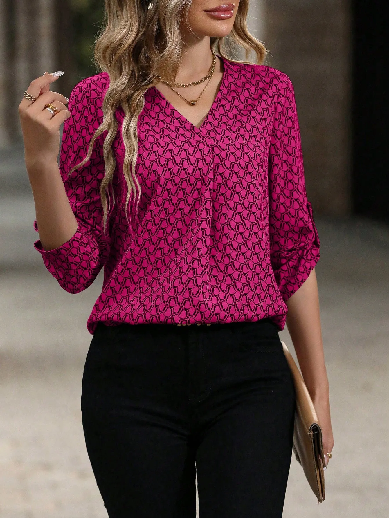 Feather Print Roll Tab Sleeve Blouse