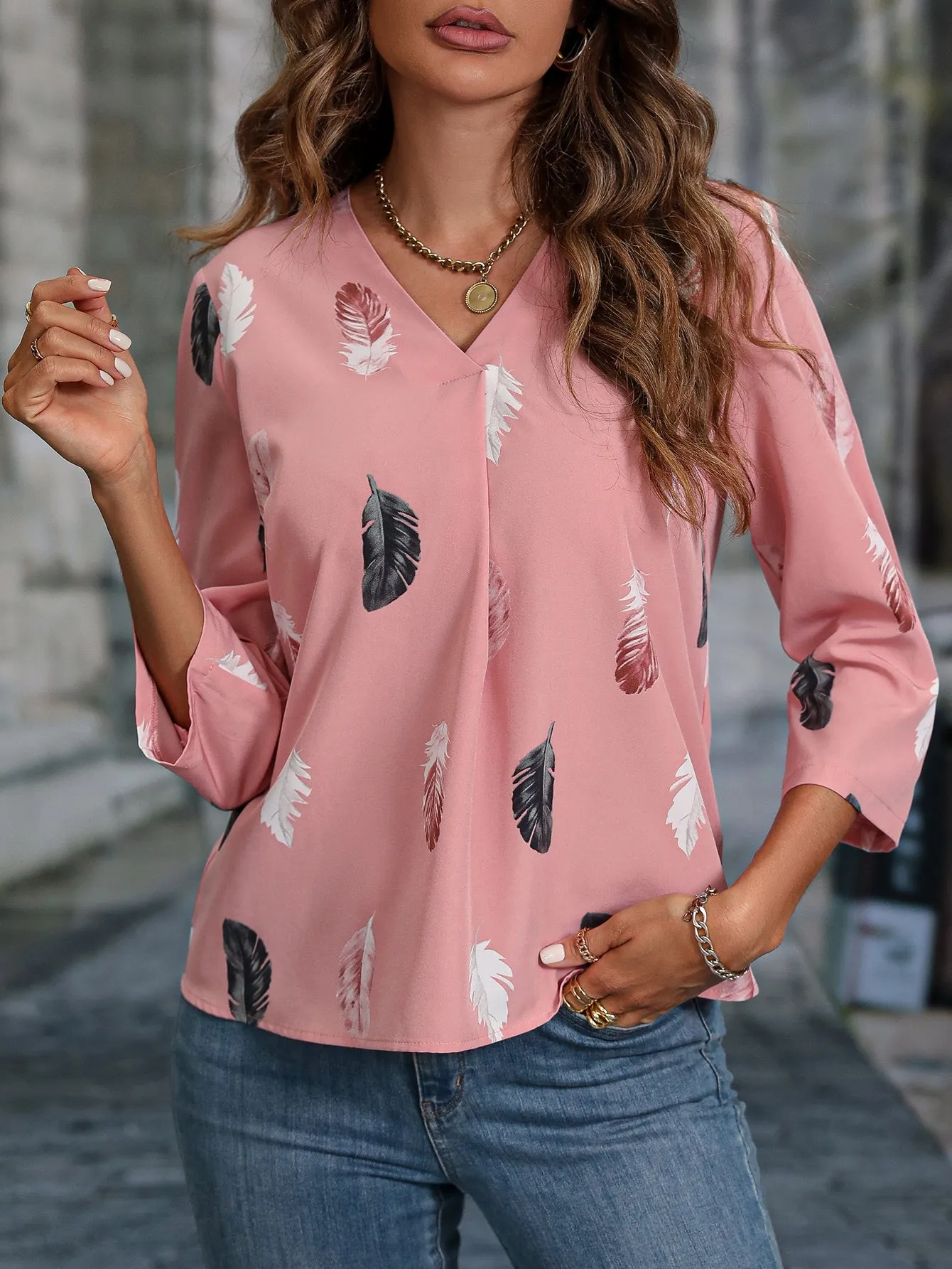 Feather Print Roll Tab Sleeve Blouse