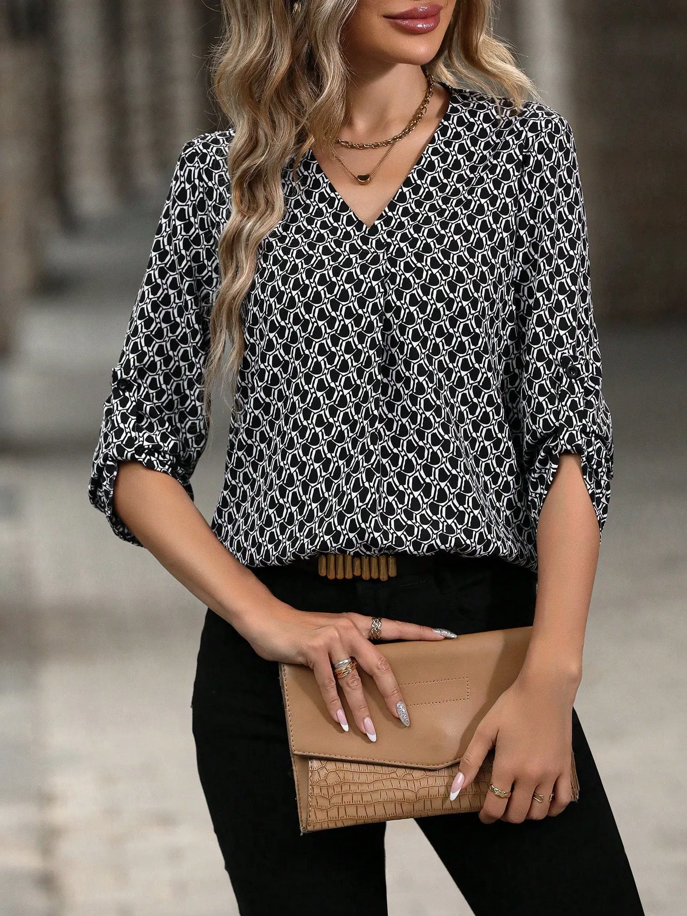 Feather Print Roll Tab Sleeve Blouse