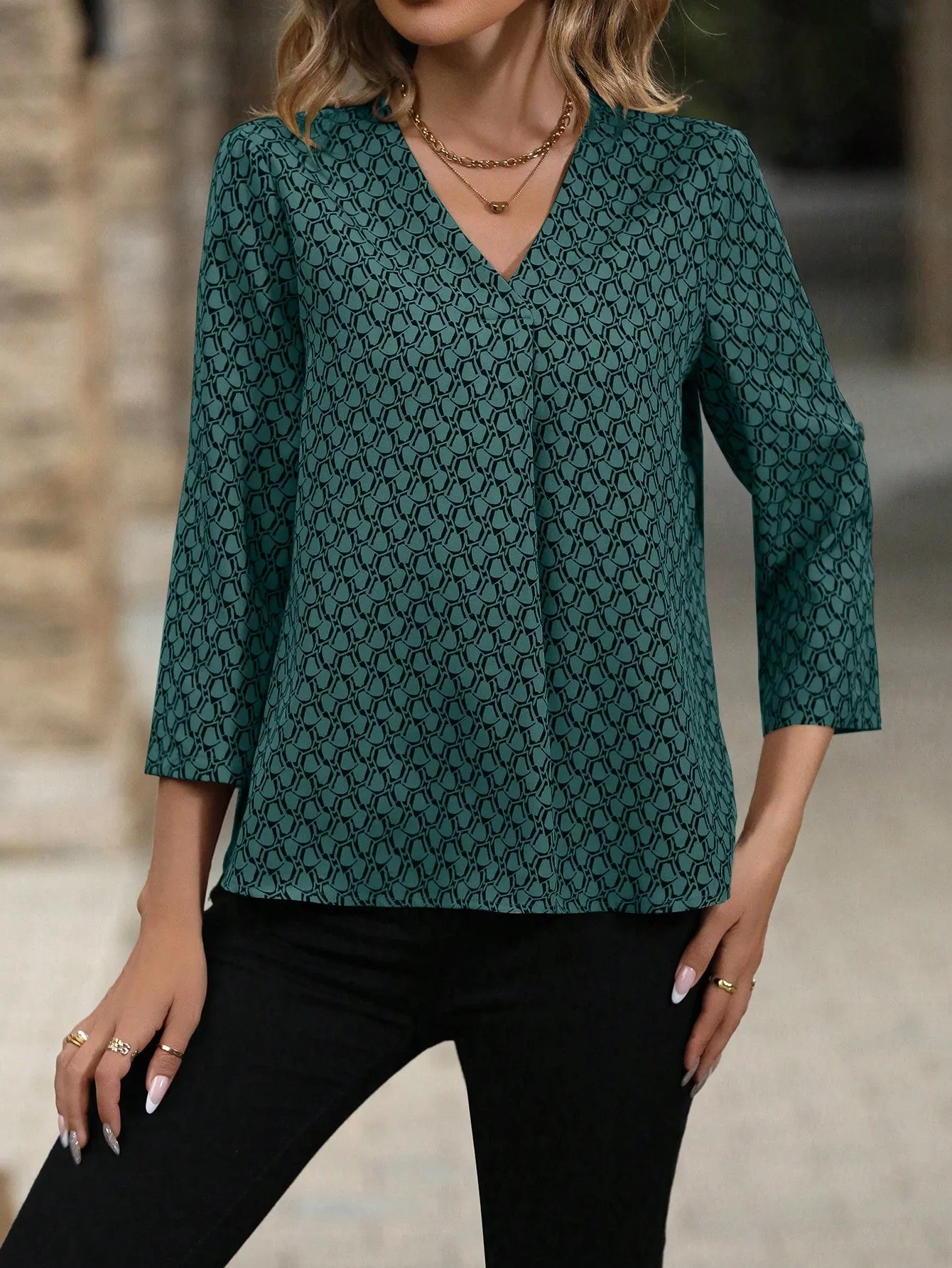 Feather Print Roll Tab Sleeve Blouse