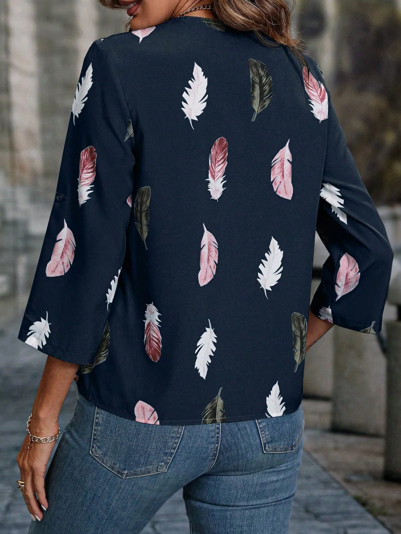 Feather Print Roll Tab Sleeve Blouse