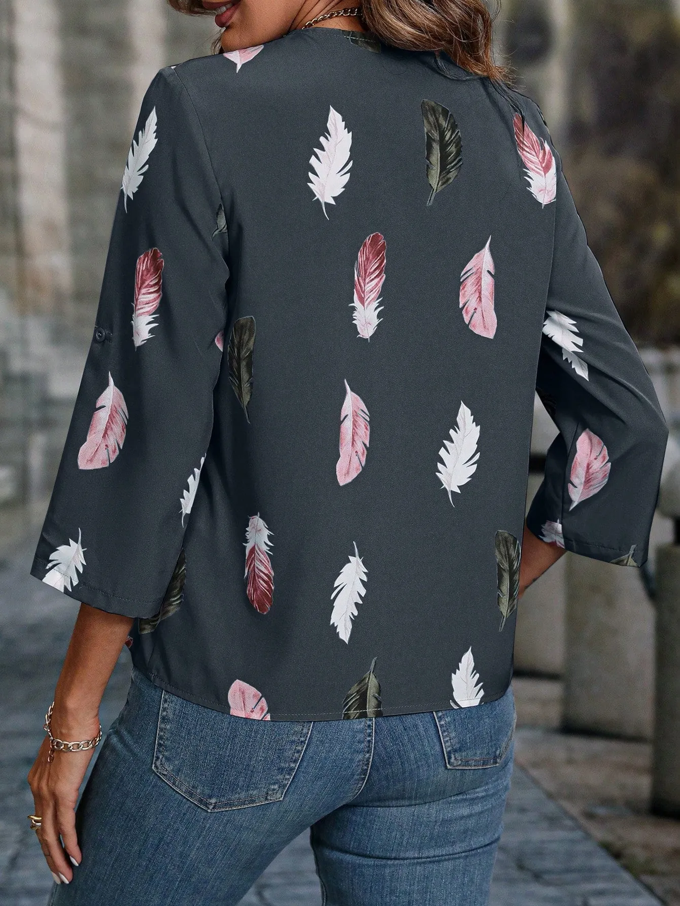 Feather Print Roll Tab Sleeve Blouse