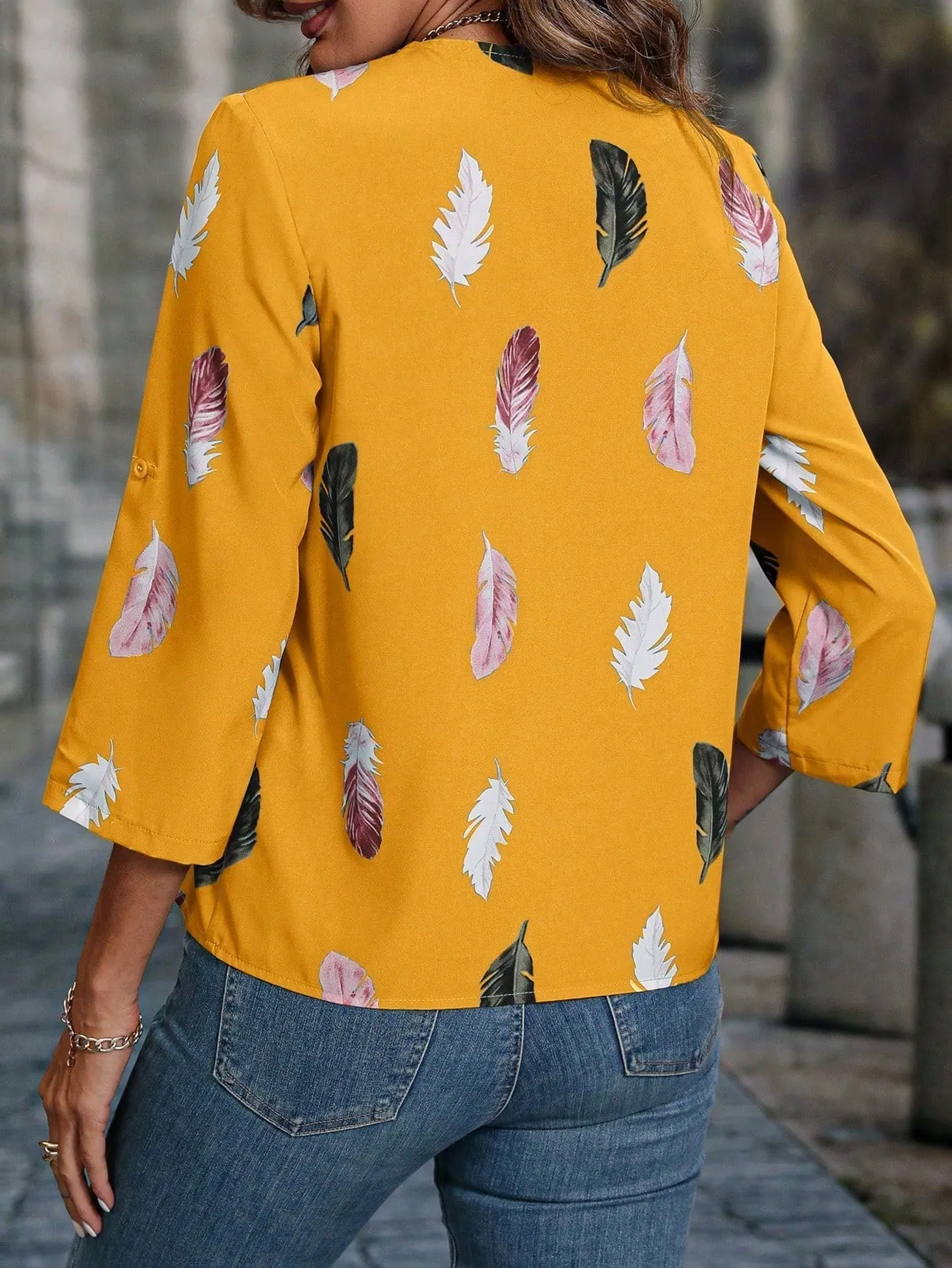 Feather Print Roll Tab Sleeve Blouse