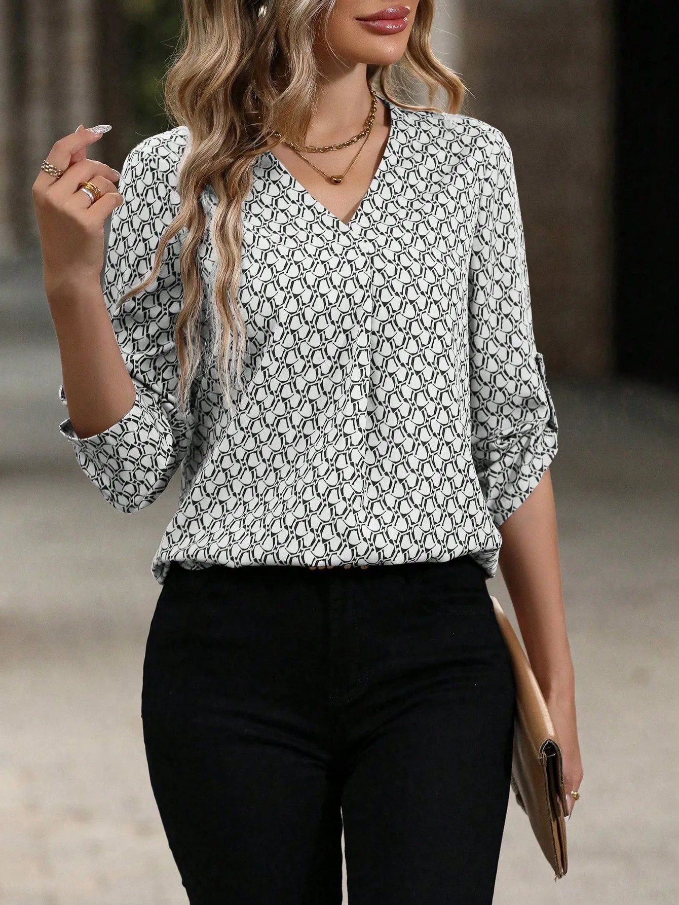 Feather Print Roll Tab Sleeve Blouse