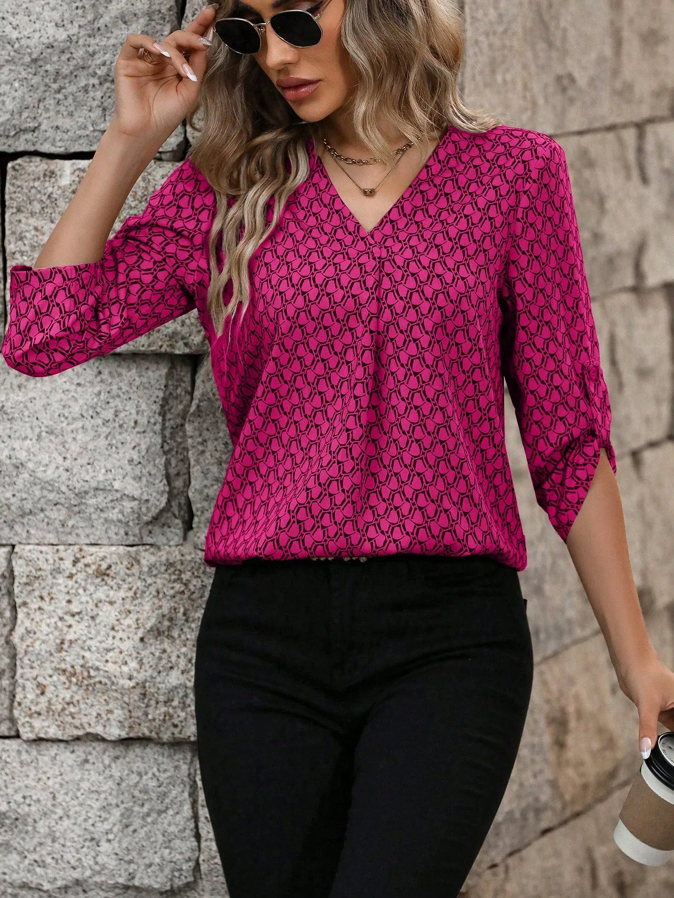 Feather Print Roll Tab Sleeve Blouse