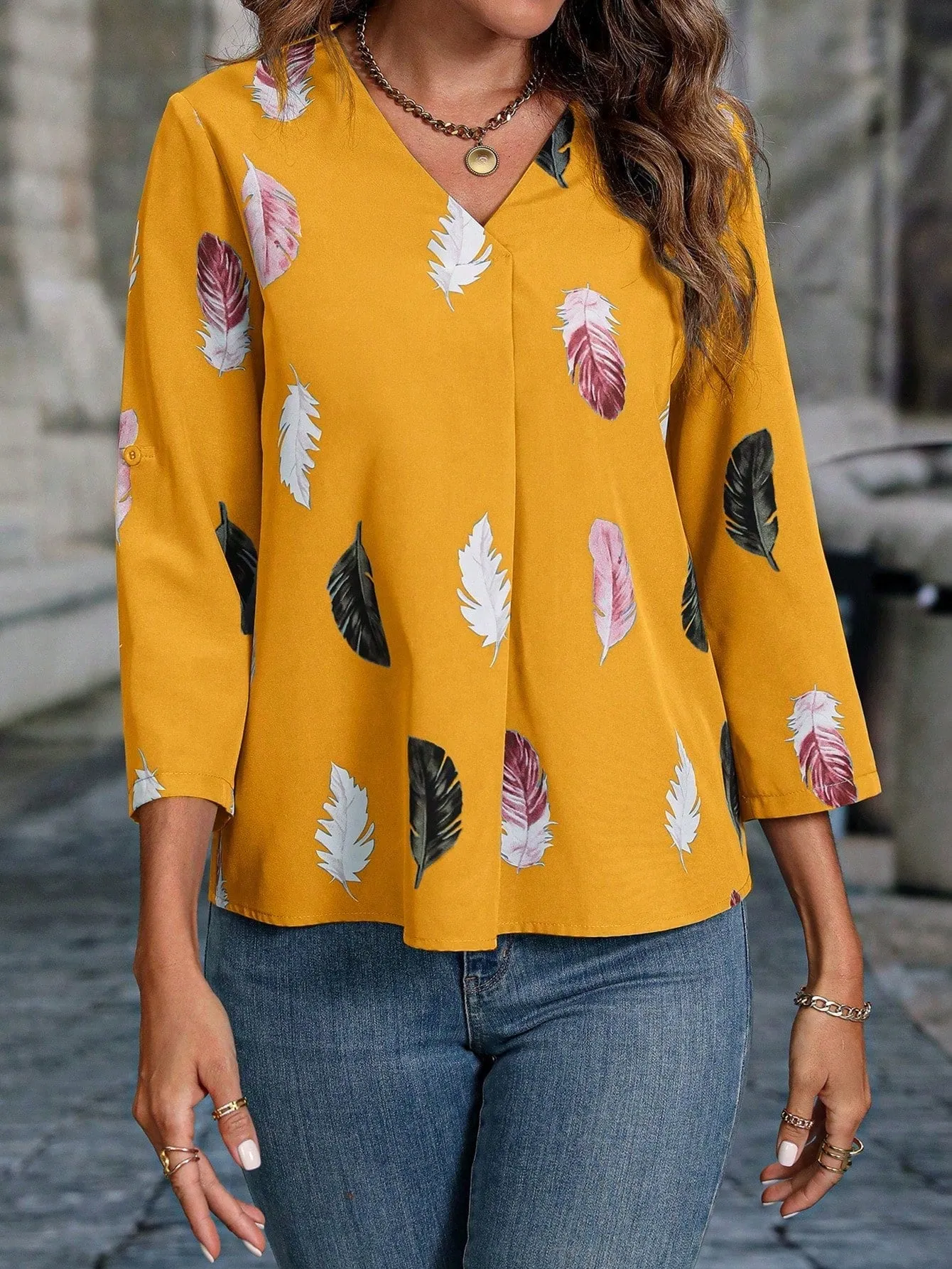 Feather Print Roll Tab Sleeve Blouse