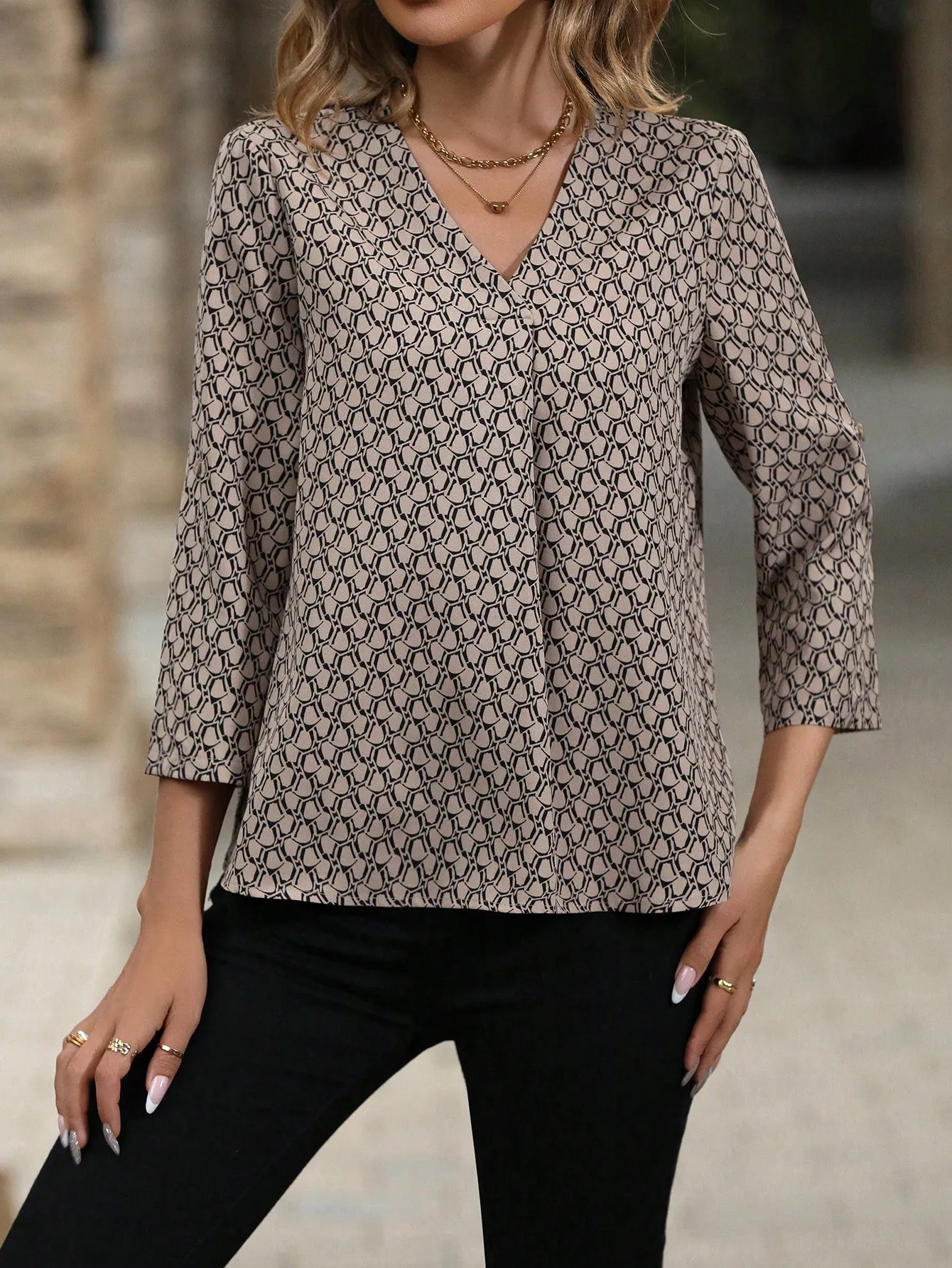 Feather Print Roll Tab Sleeve Blouse