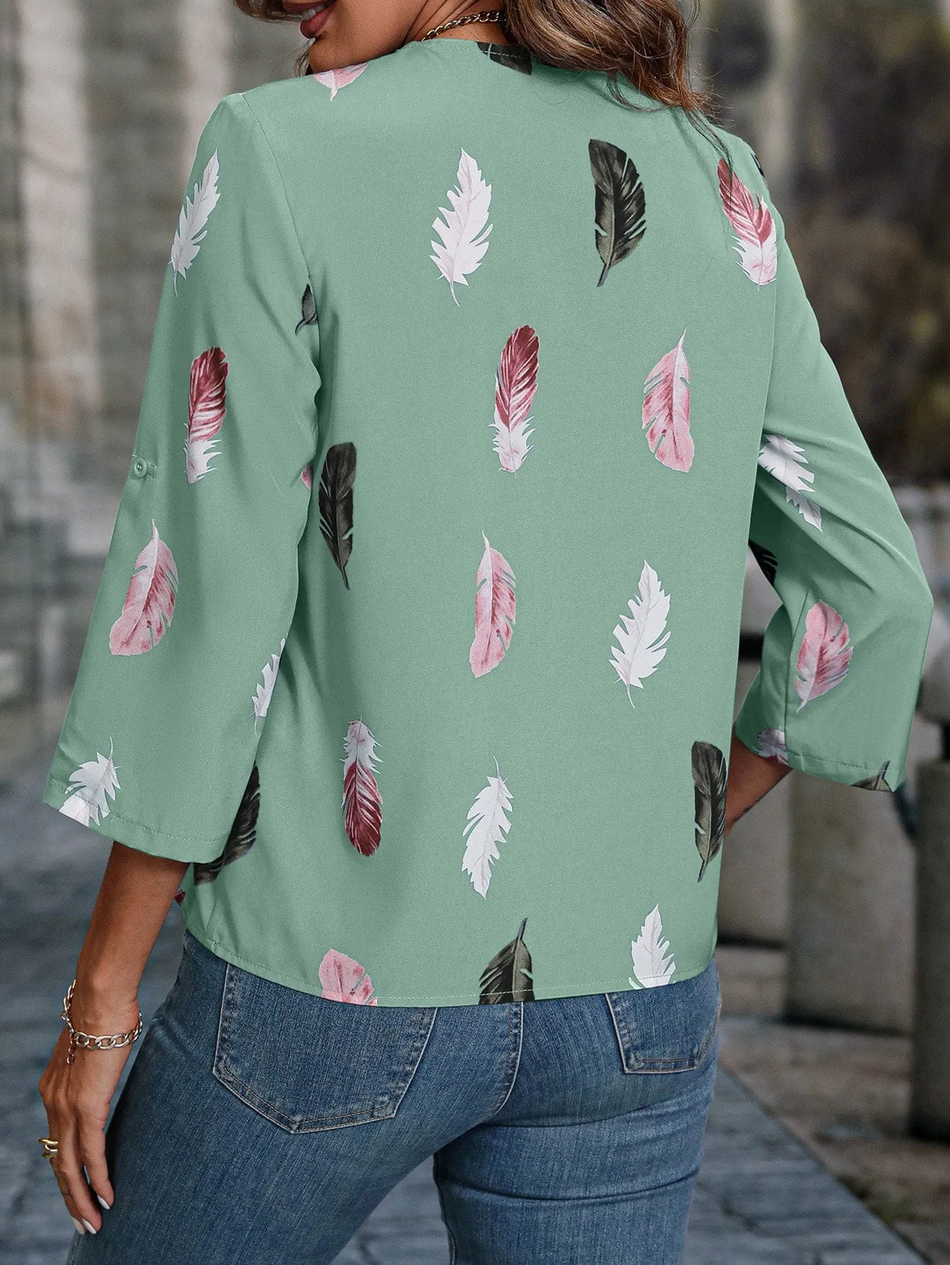 Feather Print Roll Tab Sleeve Blouse