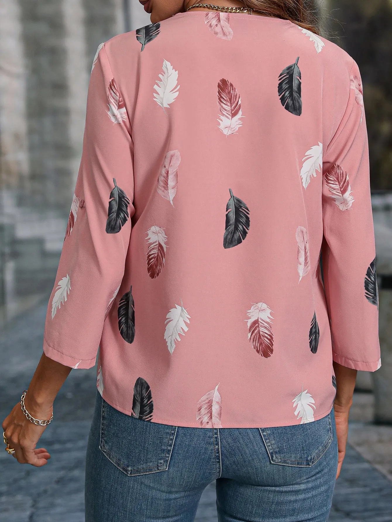 Feather Print Roll Tab Sleeve Blouse